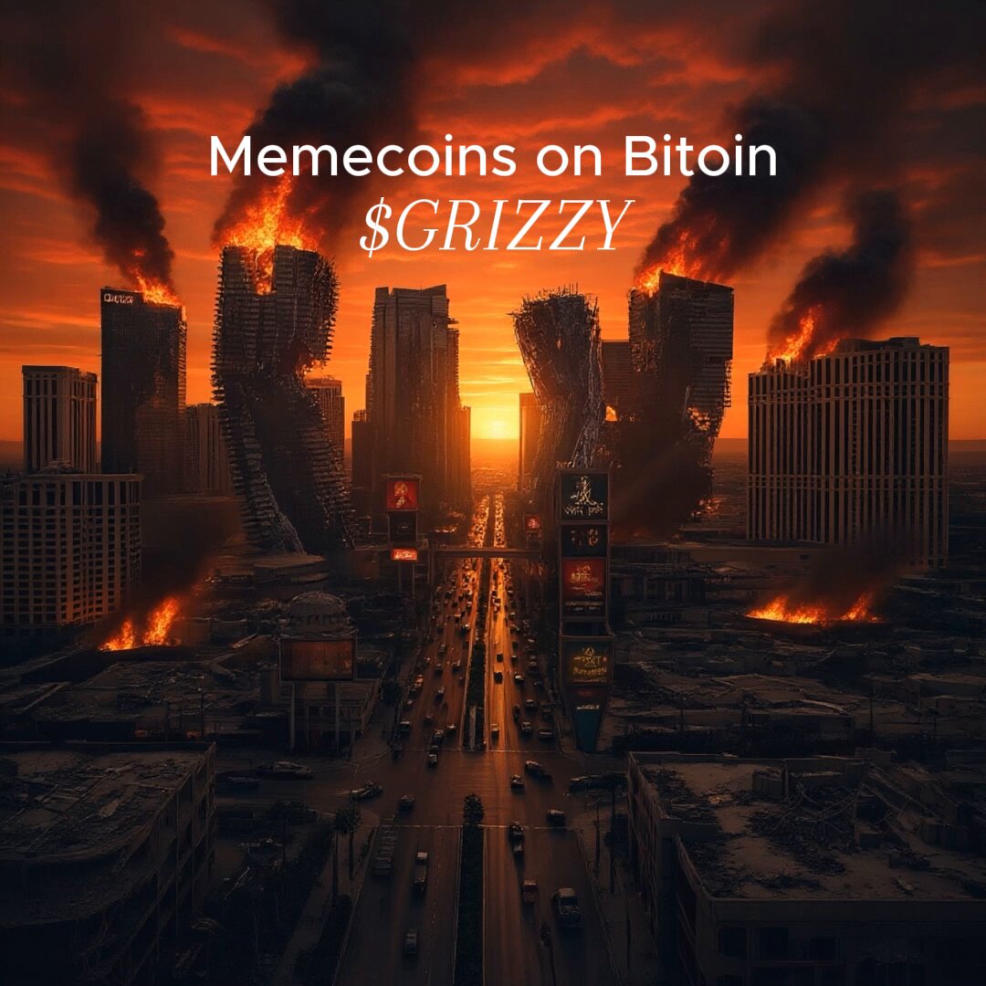 The image shows a cityscape with buildings engulfed in flames, creating an atmosphere of destruction and chaos. The sky above is filled with smoke, adding to the intensity of the scene. In the foreground, there are two cars driving down a street that has been affected by the fire. The text "Memecoins on Bitoin" is written at the top of the image, indicating the source or topic of this visual content.
