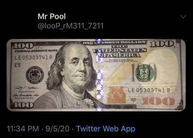 A tweet from user "Mr Pool" (@looP_rM311_7211) posted at 11:34 PM on 9/5/20 shows a $100 bill that has been altered to read "ONE HUNDRED DOLLAS," "UNITED STAYES OF AMERICIO," and "RIPPLE" in place of "FEDERAL RESERVE NOTE" and "UNITED STATES OF AMERICA." The modified currency plays on the word "Ripple," directly tying the visual to the accompanying $XRP ticker reference.