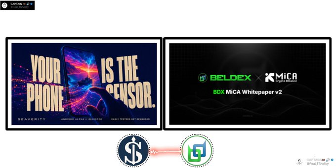 A promotional banner for 'BDX MiCA Whitepaper v2' by Beldex and MiCA, paired with an ad for 'Seaverity' featuring the text 'YOUR PHONE IS THE SENSOR.'