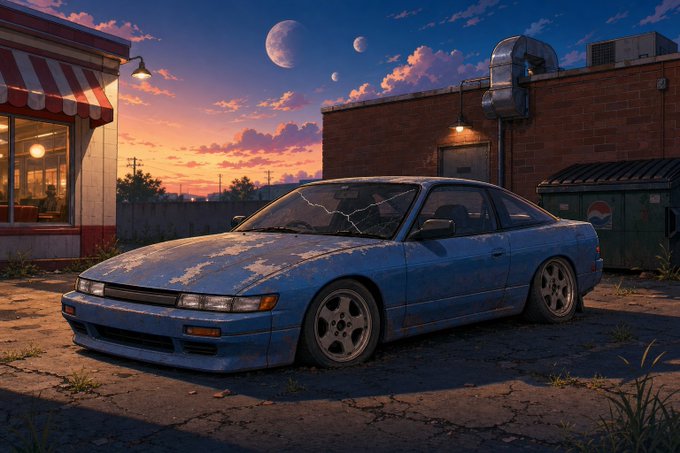 A weathered blue sports car parked at sunset in an urban alley with a striped awning shop and twin moons in the sky.