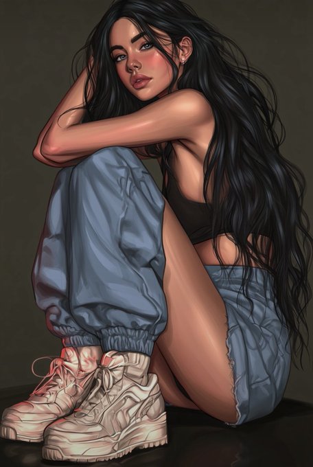 A digital illustration depicts a woman with long dark hair sitting with her knees drawn up, wearing an oversized gray jacket, gray shorts, and chunky white platform sneakers.