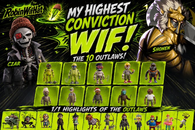A YouTube thumbnail for 'RobinWithHat' titled 'MY HIGHEST CONVICTION WIFI! THE 10 OUTLAWS!' featuring Czar and Shonen characters with various outlaw figurines displayed below.