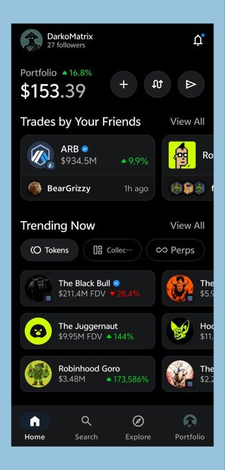 A mobile app screenshot showing a 'DarkoMatrix' user profile with a $153.39 portfolio, displaying 'Trades by Your Friends' section featuring ARB and 'Trending Now' tokens like The Black Bull, The Juggernaut, and Robinhood Goro.