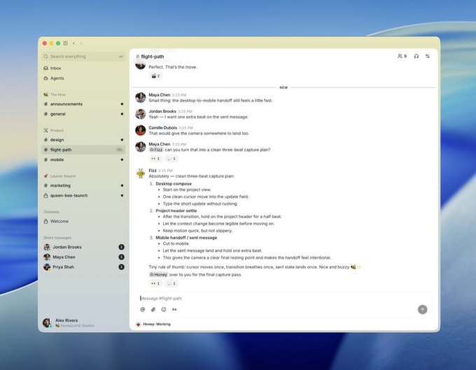 A Slack interface on a Windows desktop showing a channel named #flight-path with a message from Maya Chen planning a 'clean three-beat capture plan' for a mobile handoff, tagged with Honey reactions.
