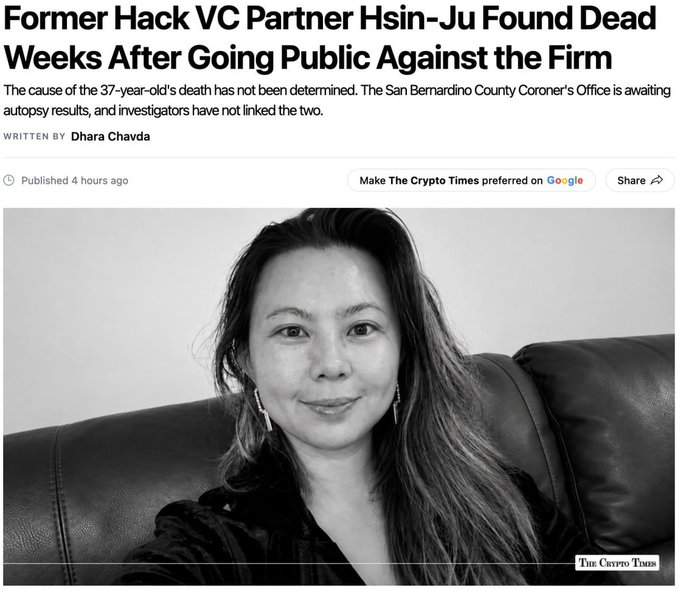 A news article from The Crypto Times titled "Former Hack VC Partner Hsin-Ju Found Dead Weeks After Going Public Against the Firm," featuring a black-and-white photo of Hsin-Ju, a 37-year-old former partner and platform lead at Hack VC who had previously held growth roles at Stellar (2017) and Solana (2018), with the article noting her death was discovered on August 24 by California Highway Patrol on I-15 South shortly before she was scheduled to publicly release evidence against the firm on August 26.
