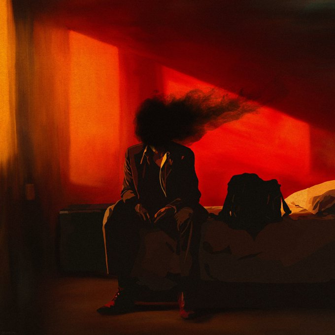 A stylized, darkly lit image shows a person sitting on the edge of a bed in a room bathed in deep red and orange light, with their face obscured by dark, smoke-like hair and a backpack resting beside them.