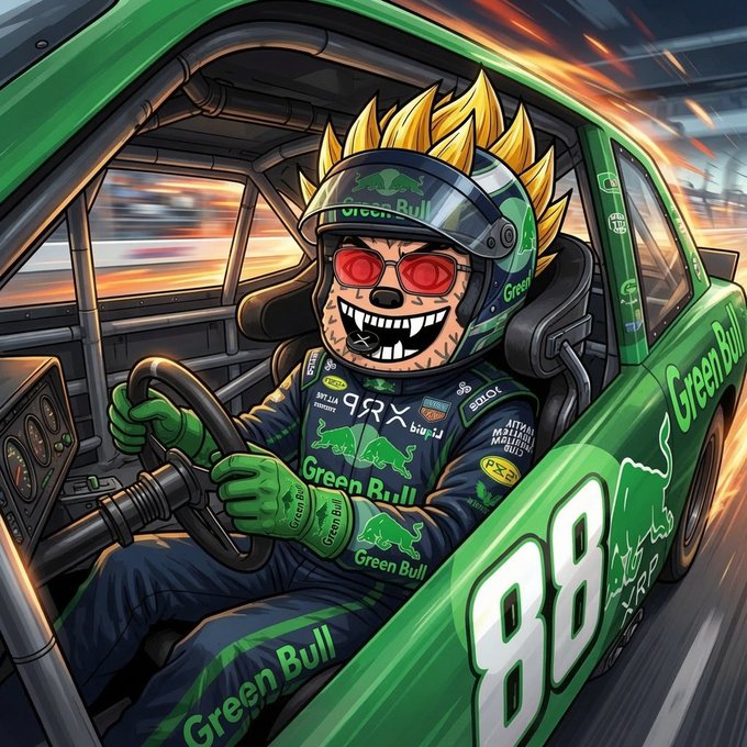 Digital artwork of a grinning raccoon-like character with spiky blonde hair and red goggles driving a green race car covered in 'Green Bull' logos and the number 88.