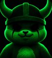 A small, glowing green 3D illustration of a bear-like character wearing a horned helmet against a black background.