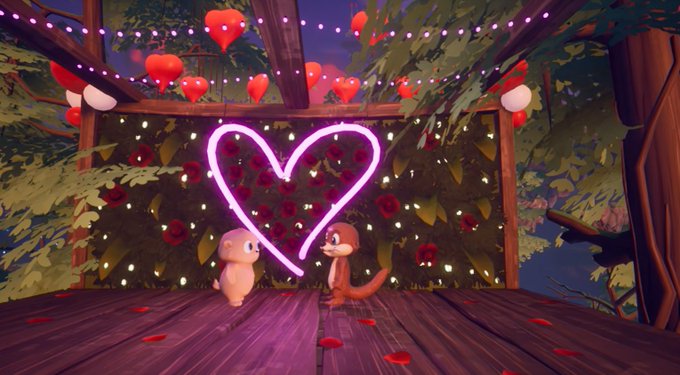 Romantic 3D-animated scene featuring a small white character and a monkey-like creature holding hands under a glowing pink neon heart, with red roses and lanterns decorating a wooden pergola.