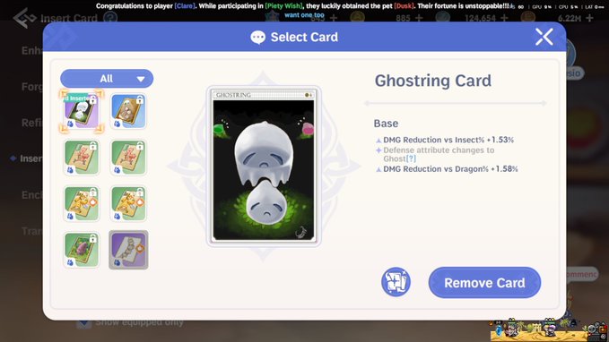 A game UI 'Select Card' menu showing a 'Ghostring Card' with stats including DMG Reduction vs Insects +1.53%, Defense attribute changes to Ghost[1], and DMG Reduction vs Dragon's +1.58%, alongside a 'Remove Card' button.