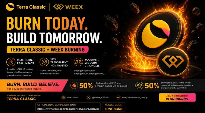 A promotional banner for Terra Classic (LUNC) and WEEX announces a joint token burning initiative with the tagline "BURN TODAY. BUILD TOMORROW," highlighting that 50% of LUNC spot trading fees and 50% of WEEX's official revenue will be permanently burned using the access code "LUNCBURN" to support the LUNC burn campaign and the newly listed $JURIS token.