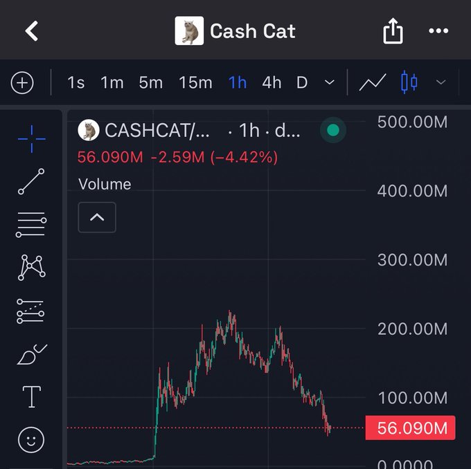 A TradingView-style chart for 'Cash Cat' (CASHCAT) shows a price of 56.090M, down 4.42%, on a 1-hour timeframe with a sharp rise followed by a decline.