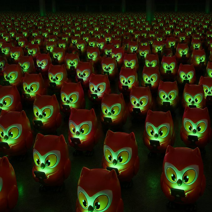 Hundreds of identical red owl figurines with glowing green eyes and beaks are arranged in endless rows, each holding a small glowing device—creating an eerie, sci-fi spectacle that humorously nods to the "birb." caption.