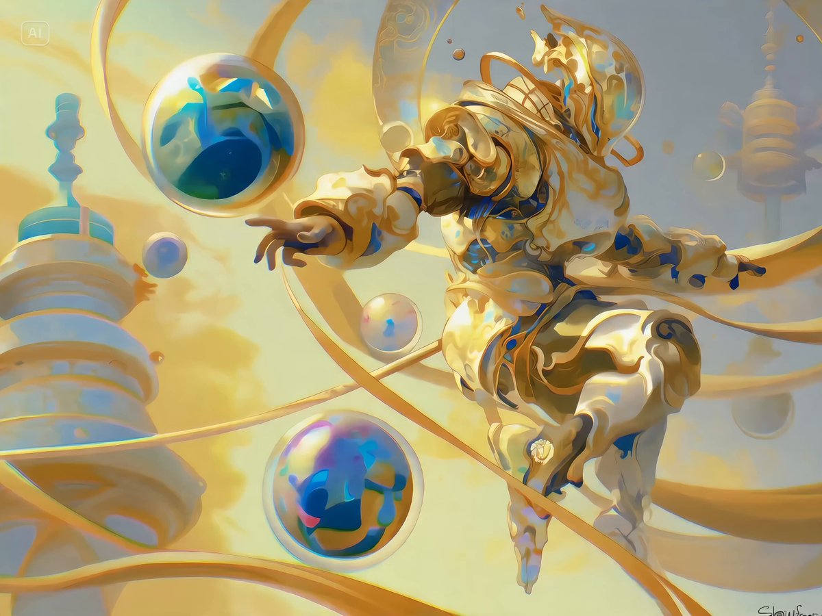 The image features an artist's interpretation of a robot with a golden body, wearing a white suit and helmet. The robot has arms and legs that are extended outwards as if reaching for something or interacting with its surroundings. In the background, there is a tower-like structure made up of spheres, which adds to the overall surreal and dreamy atmosphere of the artwork.

The post suggests that one should focus on what's in the image rather than getting distracted by other elements. This means paying attention to the robot, its golden body, and the surrounding environment, such as the tower-like structure made up of spheres. By focusing on these details, viewers can better appreciate the artist's vision and the unique concept behind this surreal artwork.