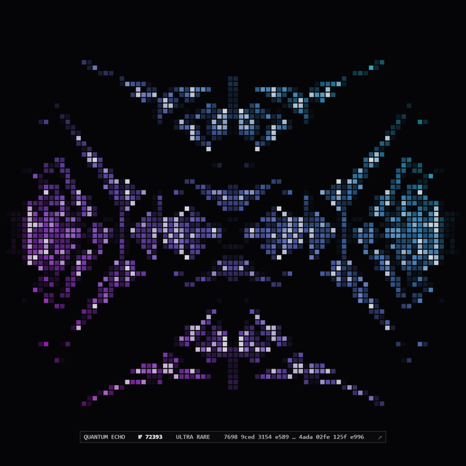 A pixel-art style digital artwork on a black background features symmetric, insect-like shapes in shades of purple, blue, and white, labeled 'QUANTUM ECHO', 'ULTRA RARE', 'Quantum Echo #72393'.