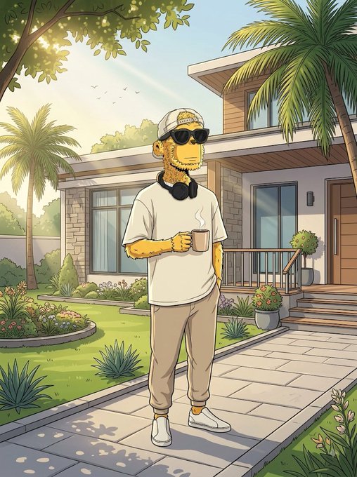 An illustrated cartoon of a yellow-skinned character wearing a white t-shirt, beige pants, sunglasses, and a cap, standing on a sidewalk in front of a modern house while holding a mug of coffee.