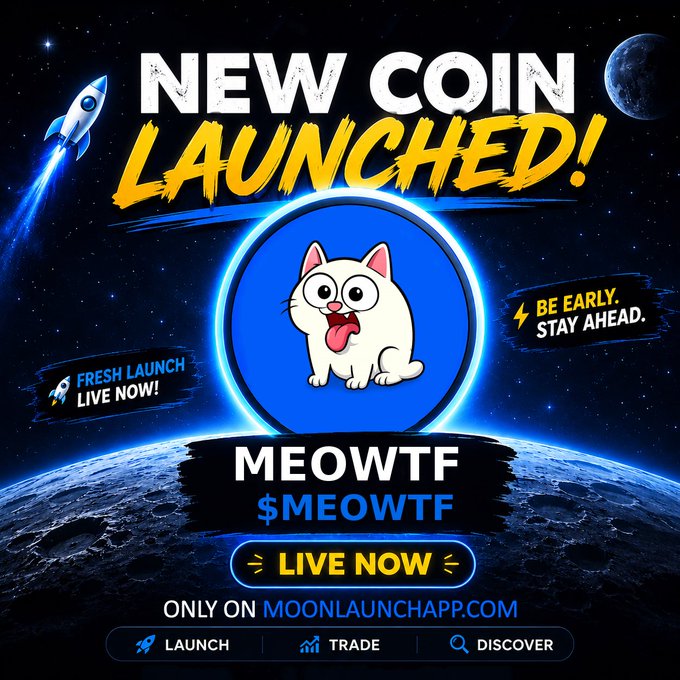 Promotional graphic announcing 'NEW COIN LAUNCHED!' for $MEOWTF token featuring a cartoon cat, with 'BE EARLY. STAY AHEAD.' and 'FRESH LAUNCH LIVE NOW!' tags, available only on MOONLAUNCHAPP.COM.