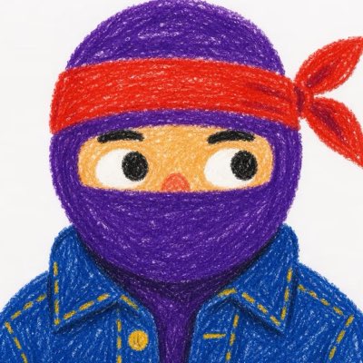 A hand-drawn illustration of a ninja character wearing a purple mask and hood, a red headband, and a blue denim jacket with yellow stitching.