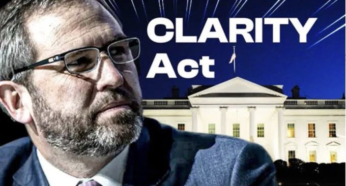 A graphic features a bearded man with glasses alongside the text "CLARITY Act," with an image of the White House illuminated at night in the background.