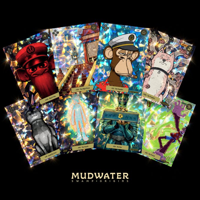 A promotional image displaying eight holographic MUDWATER 'Swamp Origins' NFT cards, featuring Bored Ape-style characters like 'The Red Pilot,' 'The Pirate,' and 'The Detective,' with the MUDWATER logo at the bottom.