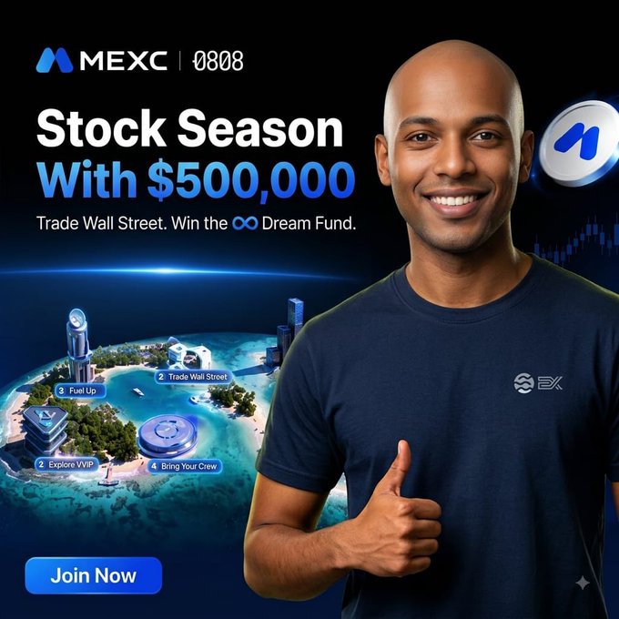 MEXC 0808 promotional banner reading 'Stock Season With $500,000 - Trade Wall Street. Win the ∞ Dream Fund' featuring a smiling man giving a thumbs up.