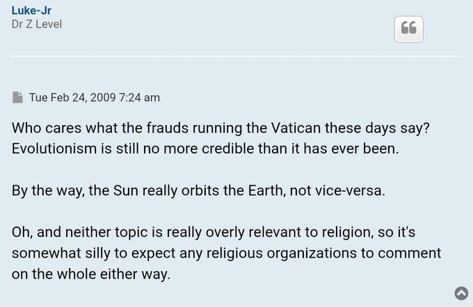 A forum post by user 'Luke-Jr' dated Tue Feb 24, 2009, questioning the credibility of evolution and claiming the Sun orbits the Earth rather than the Earth orbiting the Sun.