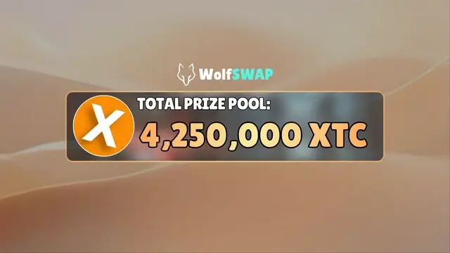 A promotional graphic for WolfSWAP featuring a desert background, displaying 'TOTAL PRIZE POOL: 4,250,000 XTC' next to an orange X logo.