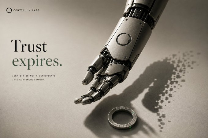 An advertisement for 'CONTINUUM LABS' featuring a robotic hand dropping a ring, with the text 'Trust expires. IDENTITY IS NOT A CERTIFICATE. IT'S CONTINUOUS PROOF.' and a ring labeled 'ATTESTED 205.25 161722E'.