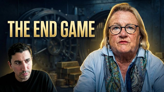 Catherine Austin Fitts discusses "The End Game" with a man, set against a backdrop of a vault and gold bars, hinting at financial systems and potential outcomes. The image visually represents the themes of financial control and the underlying value discussed in the accompanying post.