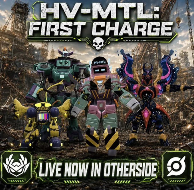 A promotional graphic for "HV-MTL: FIRST CHARGE" featuring four mechanized robot characters—a green mech, a yellow mech, a central gray/white mech with a visor displaying "HV-MTL," and a pink-and-black winged figure—standing in a post-apocalyptic industrial wasteland, with text at the bottom announcing "LIVE NOW IN OTHERSIDE." The image visually supports the post's announcement of HV-MTL's First Charge game launch on the Otherside platform, showcasing the playable mechs players can engage with.