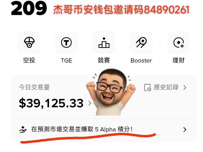 A mobile app interface screenshot showing trading volume of $39,125.33, a cartoon character, and text including '209 杰哥币安钱包邀请码84890261' and '在預測市場交易並賺取 5 Alpha 積分!' underlined in red.