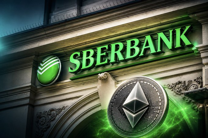 The image shows an illuminated green "SBERBANK" sign on a classical building facade, alongside a large silver Ethereum coin emblem, visually symbolizing Sberbank's new integration of Ethereum as loan collateral. The dramatic lighting and architectural details emphasize the significance of Russia's largest bank embracing the world's second-largest cryptocurrency.