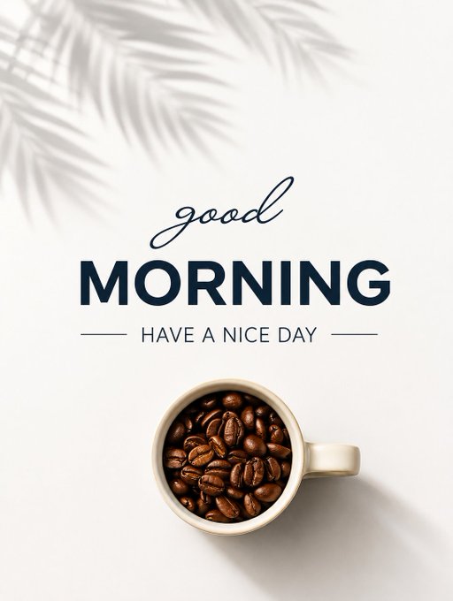 A 'good MORNING - HAVE A NICE DAY' greeting card featuring a top-down view of a white mug filled with coffee beans and palm leaf shadows.
