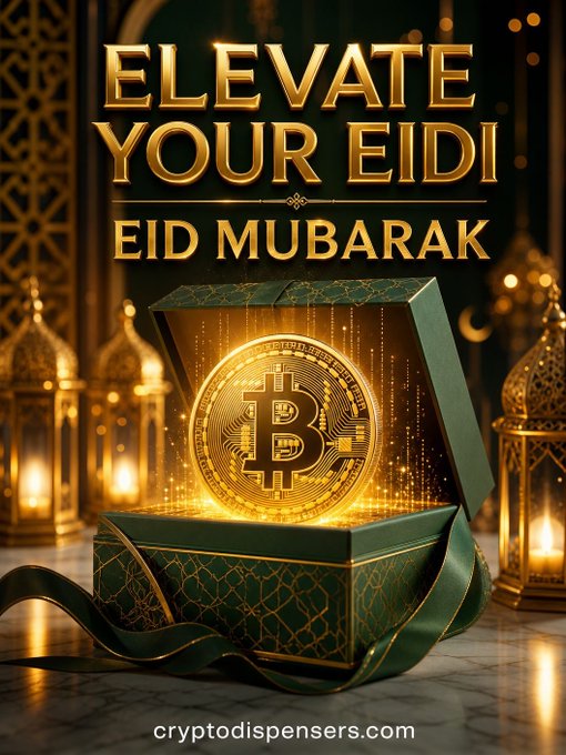 The image features a green box with a gold coin inside, surrounded by several lanterns that are lit up. The text "Elevate Your Eid Mubarak" is written above the coin, and the phrase "Beyond traditional gifts, Bitcoin can introduce someone to digital ownership, financial education, and the future of money." This suggests that Bitcoin could be an alternative gift for the upcoming Eid celebration, offering a unique and educational experience related to finance and technology.