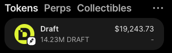 The image shows a cryptocurrency wallet interface displaying tabs for Tokens, Perps, and Collectibles, with a holdings entry for "Draft" showing a balance of 14.23M DRAFT tokens valued at $19,243.73.

This image appears unrelated to the giveaway post about Solana ($SOL) and engagement requirements, showing instead a snapshot of someone's draft token holdings rather than any contest or prize details.