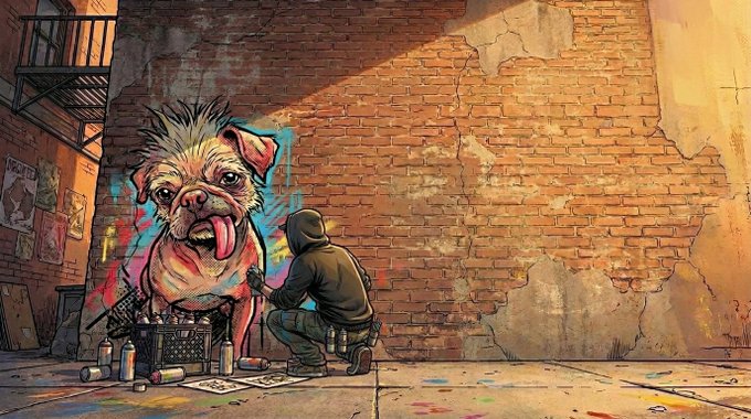 A hooded street artist crouches before a colorful mural of a scruffy dog with its tongue out, painting on a brick wall with spray cans scattered on the ground. The mural depicts Peggy, the runt turned "Dogpool," symbolizing Dawgcoin's theme of proud individuality and ruffs-to-riches perseverance.