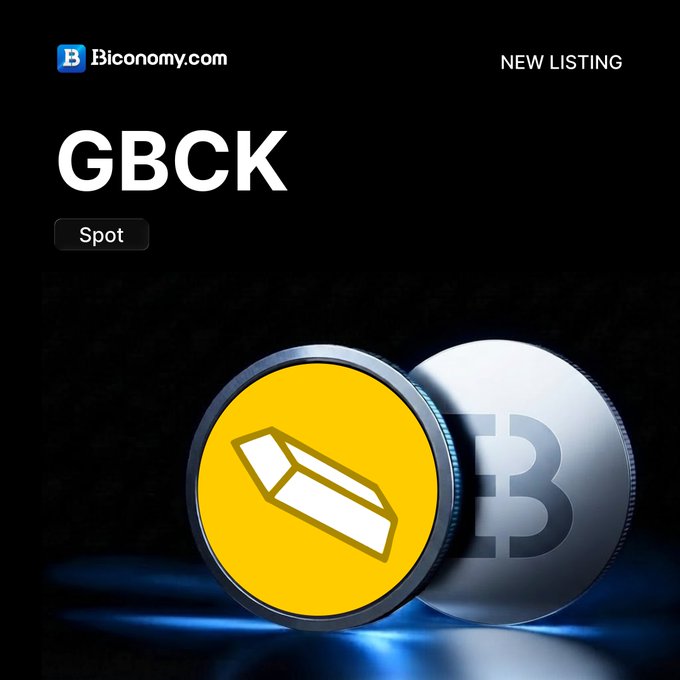 A promotional graphic from Biconomy.com announcing a 'NEW LISTING' for a token named 'GBCK' available for Spot trading, featuring yellow and silver cryptocurrency coin renderings.