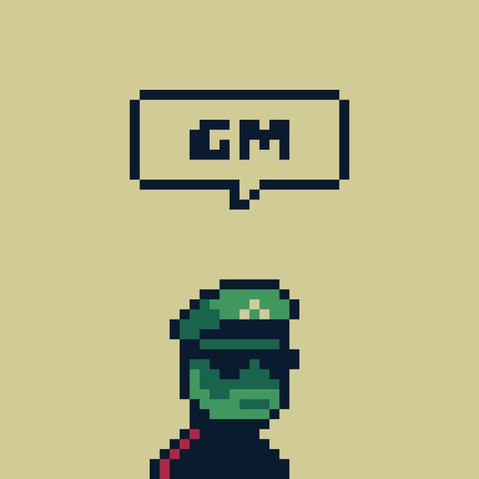 A pixel art illustration shows a green-helmeted character with a speech bubble containing the text 'GM' (good morning) against a pale yellow background.