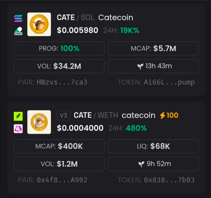 The image shows trading statistics for two versions of the $CATE (Catecoin) token: the SOL version with a $5.7M market cap, $34.2M volume, and a 19K% gain in 24 hours, and the WETH (v3) version with a $400K market cap, $1.2M volume, and a 480% gain. The massive 19K% surge on the SOL pair directly reflects the post's claim of the token "printing" over 20X, capturing the excitement of "$CATE szn."