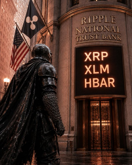 An armored knight stands watch outside the imposing Ripple National Trust Bank, where a glowing digital sign displays the tickers "XRP," "XLM," and "HBAR," symbolizing the steadfast defense of Ripple's mission to transform global finance.

The image powerfully reinforces the post's message of resilience and long-term conviction, casting XRP as a fortress worth defending against short-term price volatility.