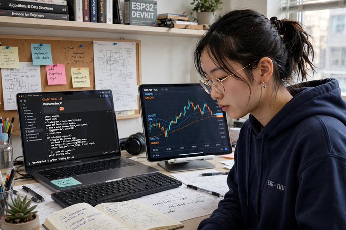A young woman wearing glasses and a dark blue hoodie works intently at a desk with two laptops, one displaying a financial trading chart with candlestick patterns and the other showing code, surrounded by programming books like "Algorithms & Data Structures" and "ESP32 DEVKIT".