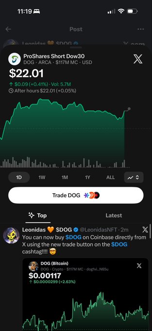A mobile screenshot of a trading app showing the price of DOG (Dogecoin) at $22.01, with a tweet from @LeonidasNFT about trading $DOG on Coinbase.