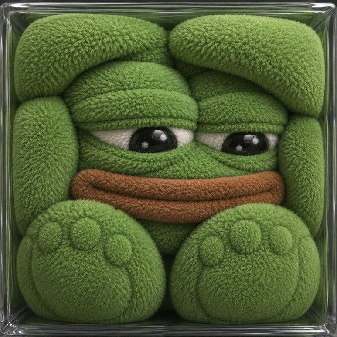 A close-up of a green plush toy (resembling Pepe the Frog) with a large orange mustache, squeezed into a clear glass container.