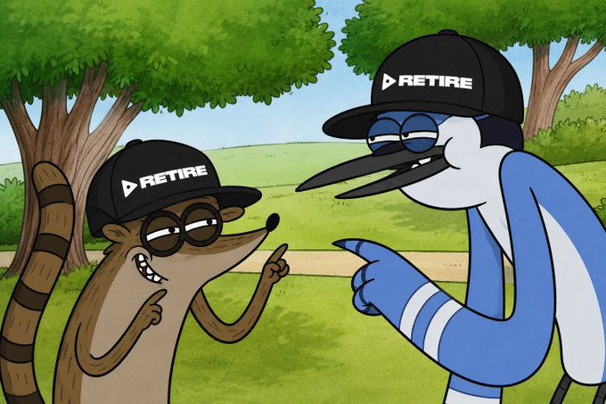 Cartoon characters Mordecai (a raccoon) and Rigby (a blue jay) from Regular Show pointing at each other while wearing black caps labeled 'RETIRE'.