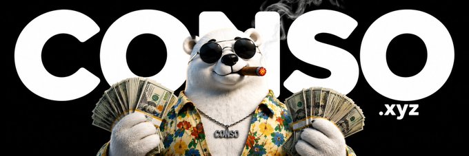 A promotional graphic featuring a polar bear wearing sunglasses and smoking a cigar, holding fans of cash, with 'COMSO.xyz' displayed on a black background.