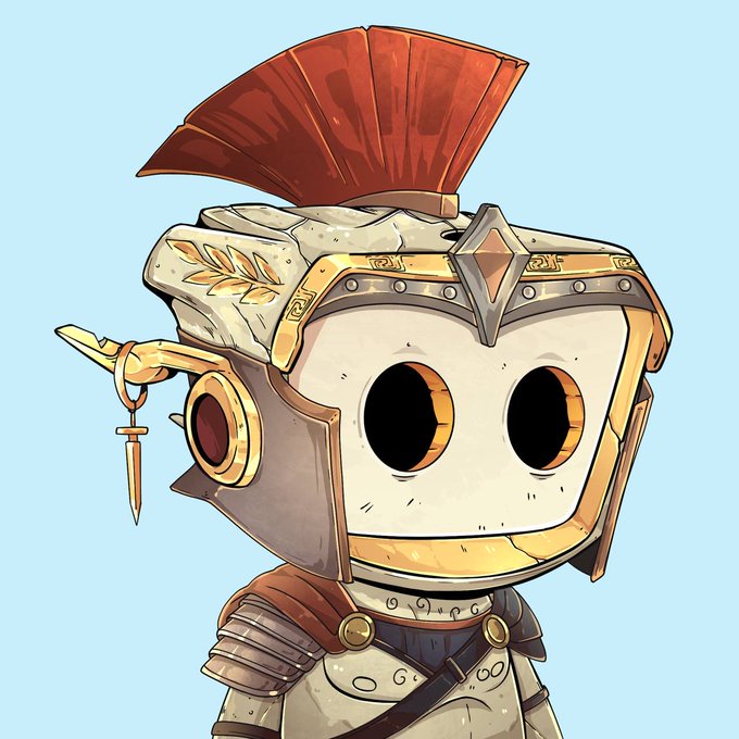 A cute, armored robot-like character with a Spartan helmet and large black eyes is shown, evoking a warrior theme that aligns with the "10,000 Original Blokyz" NFT collection debuting on Ethereum. No additional text, numbers, or tickers are visible in the image beyond the collection mention in the post.