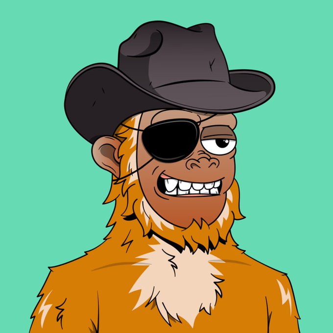 A cartoon illustration of a grinning anthropomorphic monkey wearing a black cowboy hat and an eyepatch.
