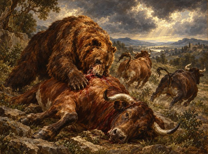 A dramatic classical painting depicting a large brown bear feeding on a fallen bull while other cattle flee in a mountainous countryside landscape under a dramatic sky.