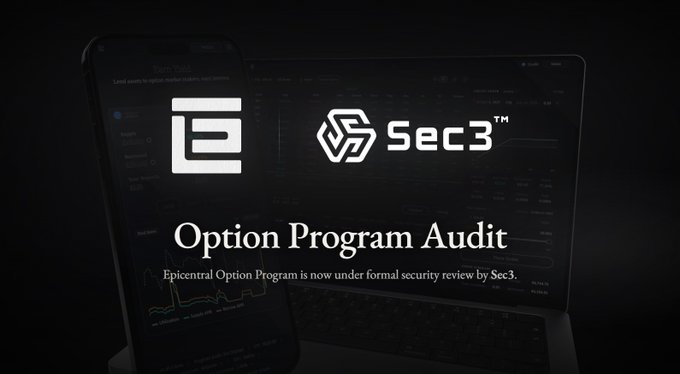 An announcement graphic stating "Option Program Audit," showing logos for Epicentral Option Program and Sec3 on a dark background with a phone and laptop faintly visible.