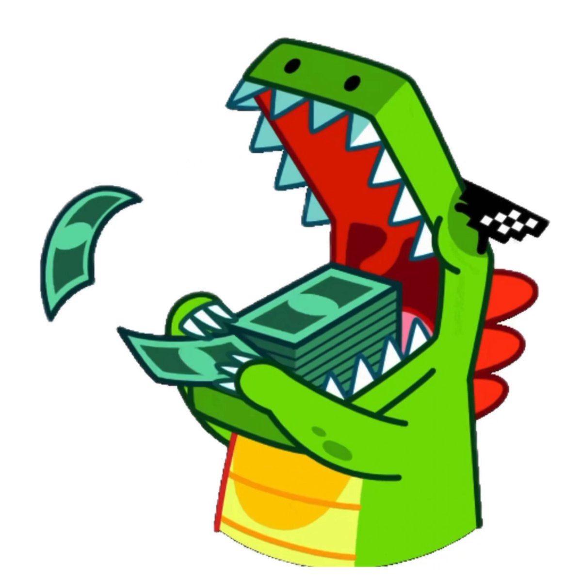 The image features a cartoon green dinosaur with its mouth open wide, holding a stack of money above its head. The dinosaur appears to be in a playful or mischievous mood, as if it's about to take a bite out of the money. The text "I suddenly realized why GMGN'S logo is a crocodile @aa_AFeng @haze0x @gmgnai" suggests that this image might be related to a discussion or analysis on the logo and its significance in the context of the post.